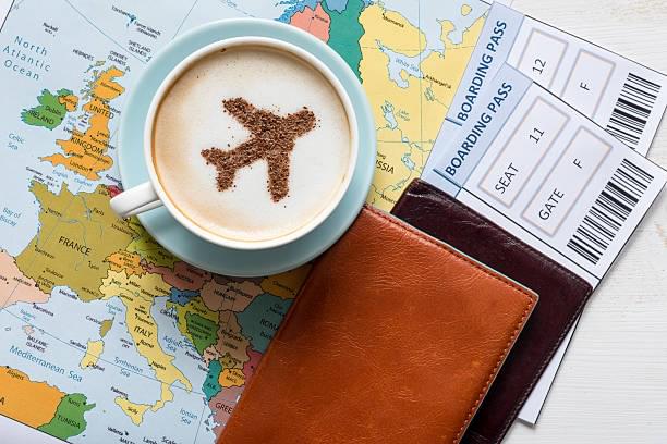 Europe map and airplane in cappuccino (made of cinnamon). Travel concept. Travel agency